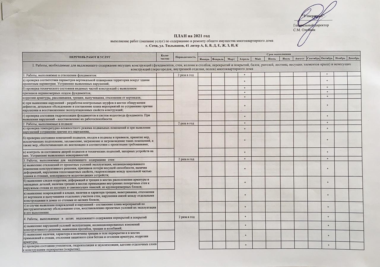 План работ 2021г. ЖК Тюльпанов, 41